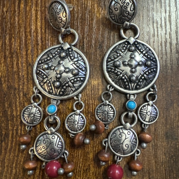 Jewelry - Silver Tone Large Chunky Statement Earrings Blue Brown Red Chandelier Cocktail